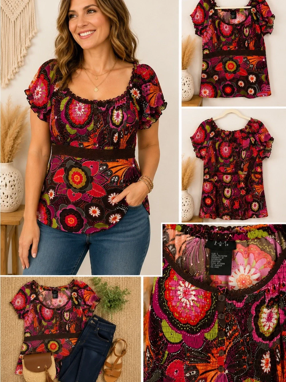 Boho Floral Puff Sleeve Blouse - Pink Multi